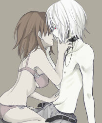 Rule 34 | 1boy, 1girl, accelerator (toaru majutsu no index), albino, ass, bare arms, bare shoulders, belt, black belt, black choker, bow, bow bra, bow panties, bra, breasts, brown hair, choker, commentary request, couple, electrodes, feet out of frame, finger to another&#039;s mouth, from side, grey background, grey pants, hair over one eye, hand on another&#039;s stomach, hand out of frame, hetero, imminent kiss, looking at another, medium breasts, medium hair, messy hair, misaka worst, navel, negiko123123, one eye covered, open belt, pale skin, panties, pants, parted lips, pink bra, pink panties, red eyes, short hair, sidelocks, simple background, sitting, sitting on lap, sitting on person, skinny, toaru majutsu no index, toaru majutsu no index: new testament, topless male, underwear, underwear only, white hair