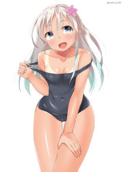 Rule 34 | 10s, 1girl, bad id, bad pixiv id, bare shoulders, blonde hair, blue eyes, blush, breasts, clothes pull, covered navel, kankitsunabe (citrus), kantai collection, leaning forward, long hair, looking at viewer, one-piece swimsuit, one-piece swimsuit pull, one-piece tan, open mouth, ro-500 (kancolle), school swimsuit, silver hair, small breasts, solo, standing, swimsuit, tan, tanline