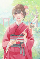 Rule 34 | 1girl, arrow (projectile), brown eyes, brown hair, day, dragon, flower, hair flower, hair ornament, hamaya, highres, holding, holding arrow, japanese clothes, k.nishiyama, kimono, long sleeves, looking at viewer, nail polish, open mouth, original, outdoors, painting (medium), sky, smile, solo, torii, traditional media, tree, watercolor (medium), wide sleeves