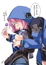 Rule 34 | 2girls, arknights, blue eyes, blue hair, blue jacket, blue poison (arknights), blush, candy, commentary, eye contact, face-to-face, food, glaucus (arknights), grey hair, hand on another&#039;s cheek, hand on another&#039;s face, holding, holding candy, holding food, holding lollipop, hood, hooded jacket, jacket, lollipop, long sleeves, looking at another, multicolored hair, multiple girls, open mouth, pink hair, sign, streaked hair, translation request, tsuyuki yuki, white background, yuri