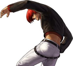 Rule 34 | 1boy, belt, cropped jacket, hair over one eye, highres, king of fighters xiii, male focus, midriff, multiple belts, official art, ogura eisuke, red eyes, red hair, short hair, snk, solo, the king of fighters, the king of fighters xiii, transparent background, yagami iori