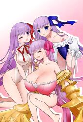 Rule 34 | 3girls, bare shoulders, bb (fate), bb (fate) (all), bb (swimsuit mooncancer) (fate), bb (swimsuit mooncancer) (third ascension) (fate), blue one-piece swimsuit, blue ribbon, blush, bow, breasts, claws, cleavage, closed eyes, collared leotard, fate/extra, fate/extra ccc, fate/grand order, fate (series), frilled one-piece swimsuit, frills, hair ribbon, highleg, highleg leotard, highleg swimsuit, highres, hotaru (candy), huge breasts, large breasts, leotard, long hair, looking at viewer, meltryllis (fate), meltryllis (swimsuit lancer) (second ascension) (fate), multiple girls, neck ribbon, off-shoulder one-piece swimsuit, off shoulder, one-piece swimsuit, one eye closed, passionlip (fate), pink eyes, pink ribbon, popped collar, prosthesis, purple eyes, purple hair, red ribbon, ribbon, sleeves past fingers, sleeves past wrists, smile, strapless, strapless one-piece swimsuit, swimsuit, very long hair, white leotard