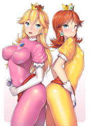 Rule 34 | 2girls, :d, adapted costume, arched back, ass-to-ass, blonde hair, blue eyes, bodysuit, breasts, brooch, cowboy shot, crown, earrings, elbow gloves, flat chest, gem, gloves, gradient background, jewelry, large breasts, leaning forward, long hair, looking at viewer, looking to the side, mario (series), multiple girls, nagase haruhito, nintendo, open mouth, orange hair, parted bangs, pink bodysuit, princess daisy, princess peach, puffy short sleeves, puffy sleeves, shiny clothes, short sleeves, skin tight, smile, standing, super mario land, white background, white gloves, yellow bodysuit