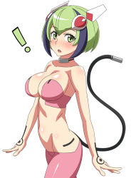 Rule 34 | !, 10s, 1girl, alternate breast size, android, bare shoulders, bike shorts, blush, breasts, cable, cable tail, collar, dimension w, green eyes, green hair, headgear, itawa sa, large breasts, looking at viewer, matching hair/eyes, mechanical tail, multicolored hair, navel, open mouth, shiny skin, short hair, simple background, solo, streaked hair, tail, two-tone hair, white background, yurizaki mira