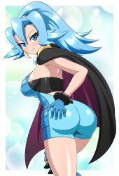 Rule 34 | 1girl, ass, black cape, blue eyes, blue hair, bodysuit, breasts, cape, clair (pokemon), creatures (company), from behind, game freak, gloves, hand on ass, highres, large breasts, long hair, looking at viewer, looking back, nintendo, pokemon, pokemon hgss, ponytail, shiny clothes, shiny skin, sideboob, smile, solo, yensh