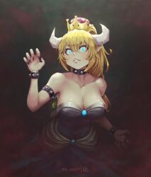 Rule 34 | 1girl, arm at side, arm up, artist logo, artist name, bare shoulders, black background, black bracelet, black collar, black dress, black nails, blonde hair, blue eyes, bowsette, bracelet, breasts, claw pose, claws, cleavage, clenched teeth, collar, collarbone, cowboy shot, crown, dress, eyebrows, eyelashes, female focus, fingernails, glowing, glowing eyes, horns, jewelry, jk arts, large breasts, light blush, long fingernails, long hair, looking at viewer, nail polish, pointy ears, ponytail, sharp fingernails, simple background, solo, spiked bracelet, spiked collar, spikes, strapless, strapless dress, teeth, watermark