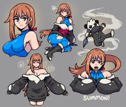 Rule 34 | 1girl, akairiot, bare shoulders, blue eyes, blue gloves, breasts, brown hair, cleavage, closed eyes, commentary, english commentary, fingerless gloves, floating hair, gloves, grey background, hair ribbon, highres, long hair, long sleeves, looking at viewer, multiple views, one eye closed, open mouth, original, own hands together, ponytail, puffy long sleeves, puffy sleeves, red ribbon, ribbon, samantha (admiral bahroo), second-party source, smile, very long hair