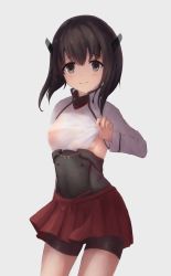 Rule 34 | 10s, 1girl, absurdres, bad id, bad pixiv id, black eyes, black hair, breasts, covered erect nipples, hair between eyes, highres, kantai collection, rodriguez (kamwing), see-through, sideboob, skirt, small breasts, solo, standing, taihou (kancolle), wet, wet clothes