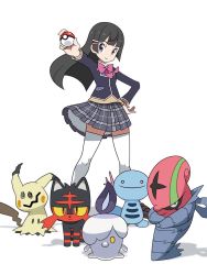 Rule 34 | 1girl, accelgor, ahoge, black hair, black skirt, blazer, blue jacket, bow, bowtie, breasts, brown footwear, brown vest, closed mouth, collared shirt, commentary, creatures (company), crossover, floating hair, full body, game freak, gen 2 pokemon, gen 5 pokemon, gen 7 pokemon, hair ornament, hairclip, hand on own hip, holding, holding poke ball, jacket, litten, litwick, loafers, long hair, long sleeves, looking at viewer, mimikyu, miniskirt, nijisanji, nintendo, outstretched arm, panasonynet, parody, pink bow, pink neckwear, plaid, plaid skirt, pleated skirt, poke ball, poke ball (basic), pokemon, pokemon (creature), pokemon sm, purple eyes, school uniform, shadow, shirt, shoes, simple background, skirt, small breasts, smile, standing, straight hair, style parody, thighhighs, translated, tsukino mito, tsukino mito (1st costume), vest, virtual youtuber, when you see it, white background, white shirt, white thighhighs, wooper