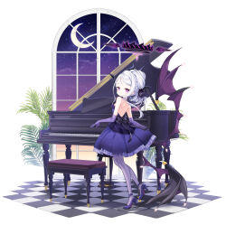 Rule 34 | 1girl, black horns, black wings, blue archive, blush, checkered floor, closed mouth, dangle earrings, demon horns, demon wings, dress, earrings, elbow gloves, full body, gloves, grand piano, halo, high heels, highres, hina (blue archive), hina (dress) (blue archive), horns, instrument, jewelry, juna, long hair, multiple horns, necklace, official alternate costume, official alternate hairstyle, pantyhose, piano, piano keys, purple dress, purple eyes, purple footwear, purple gloves, purple pantyhose, solo, strapless, strapless dress, white hair, wings