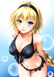 Rule 34 | 1girl, :d, absurdres, arms behind back, bare arms, bare shoulders, bikini, black bikini, black hairband, blonde hair, blue background, blue eyes, collarbone, commentary request, cowboy shot, fate/grand order, fate (series), front-tie bikini top, front-tie top, gradient background, hair between eyes, hairband, highres, jeanne d&#039;arc (fate), jeanne d&#039;arc (swimsuit archer) (fate), jeanne d&#039;arc (swimsuit archer) (first ascension) (fate), leaning forward, lens flare, long hair, looking at viewer, navel, official alternate costume, open mouth, smile, solo, standing, stomach, sumeragi tomo, swimsuit, very long hair