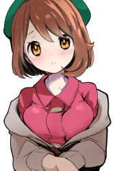 Rule 34 | 1girl, blush, bob cut, brown hair, buttons, cardigan, chorimokki, closed mouth, collared dress, commentary request, creatures (company), dress, frown, game freak, gloria (pokemon), green hat, grey cardigan, hat, looking at viewer, nintendo, orange eyes, pink dress, pokemon, pokemon swsh, short hair, simple background, solo, tam o&#039; shanter, upper body, white background