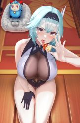 Rule 34 | 1girl, absurdres, aranara (genshin impact), bakaking, black gloves, black hairband, blue hair, breasts, butterfly hair ornament, eula (genshin impact), genshin impact, gloves, hair ornament, hairband, highres, large breasts, looking at viewer, open mouth, purple eyes, sitting, solo, thighs, tongue, tongue out