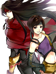 Rule 34 | 1boy, 1girl, black hair, breasts, closed mouth, commentary request, crop top, dirge of cerberus final fantasy vii, final fantasy, final fantasy vii, gloves, long hair, looking at viewer, open mouth, short hair, short shorts, shorts, smile, tama (tmfy5), vincent valentine, white background, yuffie kisaragi