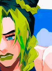 Rule 34 | 1girl, blue eyes, braid, close-up, cloud, commentary request, crying, crying with eyes open, green hair, green lips, hair bun, jojo no kimyou na bouken, kuujou jolyne, looking down, looking to the side, multicolored hair, natchan blue (nanairopenki), parted lips, sidelocks, sky, solo, tears, two-tone hair, upper body