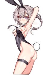 Rule 34 | 1girl, ahoge, animal ears, armpits, black necktie, blush, breasts, closed mouth, girls&#039; frontline, godgamesc2, grey hair, hair between eyes, highres, leotard, looking at viewer, m200 (girls&#039; frontline), necktie, playboy bunny, ponytail, purple eyes, rabbit ears, rabbit tail, simple background, small breasts, solo, spread armpit, sweatdrop, tail, thigh strap, white background