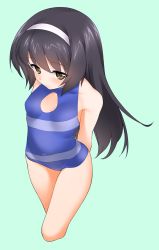 Rule 34 | 10s, 1girl, arms behind back, black hair, blue one-piece swimsuit, breasts, brown eyes, cleavage cutout, closed mouth, clothing cutout, commentary request, covered navel, cowboy shot, cropped legs, girls und panzer, hairband, hatakenaka (kamagabuchi), highres, leaning forward, light smile, long hair, looking at viewer, one-piece swimsuit, reizei mako, simple background, small breasts, solo, standing, swimsuit, white hairband