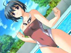 Rule 34 | 1girl, :/, ahoge, anicd, aoki sara, arms up, bare shoulders, black eyes, black hair, blue eyes, blue hair, blush, breasts, bush, cleavage, clenched hands, clothes writing, cloud, competition swimsuit, covered navel, cowboy shot, curvy, day, dutch angle, fingernails, forest, frown, game cg, goggles, goggles around neck, hairband, highleg, highleg swimsuit, hill, hip focus, kim kwang hyun, kisetsu no hanayome, large breasts, long fingernails, looking at viewer, matching hair/eyes, mogudan, nature, navel, one-piece swimsuit, outdoors, pool, poolside, red one-piece swimsuit, short hair, sky, solo, standing, strapless, strapless one-piece swimsuit, swimsuit, thigh gap, thighs, tile floor, tiles, tree, water, wide hips