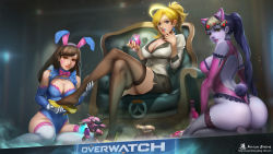 Rule 34 | 3girls, adapted costume, alcohol, animal ears, anson zheng, armchair, artist name, ass, back, back cutout, backless dress, backless outfit, bare shoulders, bastion (overwatch), between fingers, black legwear, black skirt, blonde hair, blue eyes, blue leotard, blue nails, bottle, bow, bowtie, bracer, breasts, brown eyes, brown hair, brown legwear, buttons, cat ears, chair, cleavage, closed mouth, clothing cutout, colored skin, copyright name, cross, cross earrings, crossed legs, cup, cupping glass, d.va (overwatch), dress, drinking glass, earrings, elbow gloves, emblem, eyelashes, fake animal ears, finger to mouth, fingernails, fishnet legwear, fishnets, frilled leotard, frills, from behind, glass, gloves, hair ornament, hair tie, hairband, halo, hand on own face, hand up, head-mounted display, high heels, highleg, highleg leotard, highres, holding, holding cup, holding drinking glass, jewelry, kneeling, large breasts, leotard, lipstick, logo, long fingernails, long hair, looking at viewer, looking back, makeup, mecha, medium breasts, meka (overwatch), mercy (overwatch), miniskirt, multiple girls, nail polish, nose, overwatch, overwatch 1, parted lips, pencil skirt, pink bow, pink bowtie, pink lips, playboy bunny, ponytail, purple gloves, purple hair, purple hairband, purple leotard, purple lips, purple skin, putting on shoes, rabbit ears, rabbit tail, ribbed leotard, robot, seiza, shirt, shoes, short dress, shoulder blades, sitting, skirt, sleeveless, sleeves past elbows, smile, strapless, strapless leotard, stud earrings, tail, thighhighs, thong, thong leotard, toy, visor, watermark, web address, white gloves, white legwear, widowmaker (overwatch), wine, wine bottle, wine glass, yellow eyes, yellow footwear