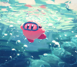 Rule 34 | 1other, air bubble, blue eyes, bubble, colored skin, diving mask, goggles, highres, holding breath, kirby, kirby (series), nintendo, no humans, pink skin, rock, solo, squishy (kirby), submerged, suyasuyabi, swimming, underwater