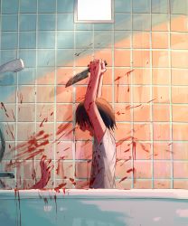 Rule 34 | 1boy, 1other, absurdres, arm up, avogado6, bathroom, bathtub, black hair, blood, blood on arm, blood on clothes, blood on face, blood splatter, bloody knife, commentary, from side, highres, holding, holding knife, knife, murder, open mouth, original, shirt, short hair, short sleeves, white shirt, window