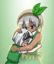 Rule 34 | 2girls, asatsuki (cookie), black hairband, blue eyes, blush, bob cut, bow hairband, closed eyes, closed mouth, commentary request, cookie (touhou), cowboy shot, crying, dark-skinned female, dark skin, disappear, earrings, eska (cookie), green background, green skirt, green vest, grey hair, hairband, hoop earrings, hug, jewelry, knb (nicoseiga53198051), konpaku youmu, looking at another, multiple girls, open mouth, puffy short sleeves, puffy sleeves, shirt, shoes, short hair, short sleeves, skirt, skirt set, smile, sparkle, touhou, vest, white shirt