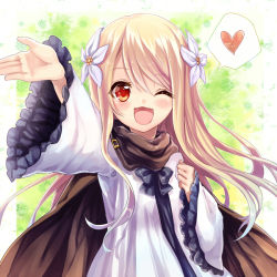Rule 34 | 1girl, ;d, anais del caril, arm up, blonde hair, cape, dress, fang, flower, hair flower, hair ornament, heart, long hair, long sleeves, looking at viewer, one eye closed, open mouth, red eyes, smile, solo, spoken heart, tales weaver, white dress, wide sleeves, wink, yuya (night lily)