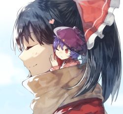 Rule 34 | 2girls, ;), bad id, bad pixiv id, black hair, blush, bow, bowl, bowl hat, brown scarf, cheek-to-cheek, closed eyes, closed mouth, commentary request, eyelashes, from side, hair bow, hakurei reimu, hand on another&#039;s cheek, hand on another&#039;s face, hat, heads together, heart, japanese clothes, kimono, looking at another, mini person, minigirl, multiple girls, one eye closed, ponytail, portrait, profile, purple eyes, red bow, red eyes, scarf, shared clothes, shared scarf, short hair, sideways glance, smile, sukuna shinmyoumaru, suminagashi, touhou, yuri, ||/