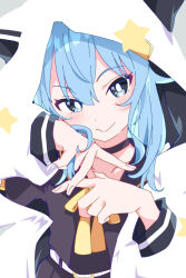 Rule 34 | 1girl, black choker, blue eyes, blue hair, choker, closed mouth, collarbone, hashtag-only commentary, hololive, hood, hoshimachi suisei, hoshimachi suisei (school uniform), ixy, looking at viewer, medium hair, school uniform, smile, solo, star (symbol), star in eye, symbol in eye, upper body, virtual youtuber