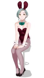 Rule 34 | 1girl, absurdres, alternate costume, animal ears, black footwear, bow, bowtie, breasts, detached collar, fake animal ears, full body, grey hair, grey pantyhose, hands on lap, high heels, highres, kantai collection, leotard, looking at viewer, mole, mole on neck, ojipon, pantyhose, playboy bunny, red leotard, short hair, simple background, sitting, small breasts, smile, solo, stool, tamanami (kancolle), white background, wrist cuffs, yellow eyes