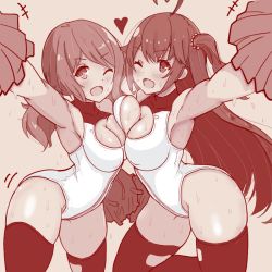 Rule 34 | 2girls, ;d, ahoge, ankuru (ankle art2), archery, arm at side, arm up, armpits, assault lily, asymmetrical docking, bare shoulders, blush, breast press, breasts, brown background, cheerleader, cleavage, cleavage cutout, clothing cutout, commentary request, covered erect nipples, cowboy shot, flying sweatdrops, hair between eyes, heart, heart ahoge, heattech leotard, heavy breathing, holding, holding pom poms, iijima renka, large breasts, leg up, leotard, long hair, looking at viewer, low ponytail, medium breasts, monochrome, motion lines, multiple girls, one eye closed, one side up, open mouth, outstretched arm, pom pom (cheerleading), pom poms, side ponytail, simple background, smile, standing, standing on one leg, sweat, swept bangs, takasuga tsukushi, thighhighs, turtleneck, v-shaped eyebrows, very long hair
