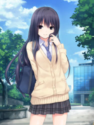 Rule 34 | 1girl, arm behind back, bag, black hair, blouse, blue necktie, building, cardigan, cloud, coffee-kizoku, collared shirt, cowboy shot, day, dress shirt, holding, holding own hair, light smile, long hair, long sleeves, looking at viewer, necktie, original, outdoors, plaid, plaid skirt, pleated skirt, school bag, school uniform, shiramine rika, shirt, skirt, sky, smile, solo, striped necktie, tree, tucking hair, white shirt