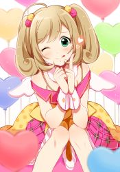 Rule 34 | 10s, 1girl, ;p, ahoge, balloon, bare shoulders, blush, dress, fake wings, green eyes, hair ornament, heart, heart balloon, idolmaster, idolmaster cinderella girls, light brown hair, long hair, looking at viewer, nokuhashi, one eye closed, sato shin, smile, solo, swept bangs, tongue, tongue out, twintails, wings