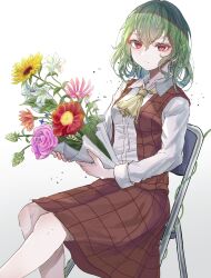 Rule 34 | 1girl, ascot, bouquet, breasts, chair, feet out of frame, flower, flower request, green hair, hair between eyes, hegata (hegatia lapis), highres, holding, holding bouquet, holding flower, kazami yuuka, light smile, long sleeves, looking at viewer, medium breasts, medium hair, pink flower, plaid, plaid vest, plant, purple flower, red eyes, red skirt, red vest, shirt, simple background, sitting, skirt, solo, sunflower, touhou, vest, vines, white background, white shirt, yellow ascot, yellow flower
