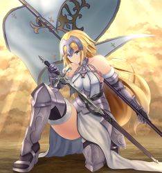 Rule 34 | 1girl, armor, armored dress, banner, bare shoulders, black thighhighs, blonde hair, blue eyes, breasts, chain, cleavage, cloud, cloudy sky, collarbone, commentary request, day, denpa (denpae29), dress, fate/grand order, fate (series), faulds, full body, fur-trimmed gloves, fur-trimmed legwear, fur trim, gauntlets, gloves, greaves, halterneck, headpiece, highres, holding, holding sword, holding weapon, jeanne d&#039;arc (fate), jeanne d&#039;arc (ruler) (fate), jeanne d&#039;arc (third ascension) (fate), large breasts, long hair, looking at viewer, on one knee, parted lips, plackart, scabbard, sheath, sky, solo, sunlight, sword, thick thighs, thighhighs, thighs, unsheathing, warrior, weapon, white dress