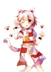 Rule 34 | 1girl, animal ears, bell, calico, cat ears, cat girl, cat tail, chisen maimai, collared shirt, commentary request, cowboy shot, crop top, gesture, goutokuji mike, highres, jingle bell, maneki-neko, medium skirt, multicolored clothes, multicolored hair, multicolored shirt, multicolored skirt, multicolored tail, neck bell, one eye closed, orange eyes, patch, patchwork clothes, paw pose, paw print, puffy short sleeves, puffy sleeves, shirt, short hair, short sleeves, simple background, skirt, streaked hair, tail, touhou, white background, white hair