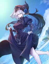 Rule 34 | 1girl, barefoot, black dress, blue flower, blue hair, blue rose, breasts, celeste (granblue fantasy), clothes lift, cloud, covered eyes, day, dress, dress lift, flower, granblue fantasy, large breasts, lifting own clothes, long hair, long sleeves, multicolored hair, outdoors, pale skin, purple dress, rose, skirt hold, sky, solo, tomamatto, veil, very long hair, water