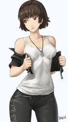 Rule 34 | 1girl, bare shoulders, black pants, blue background, breasts, brown hair, commentary, jewelry, necklace, niijima makoto, ozkh, pants, persona, persona 5, persona 5 scramble: the phantom strikers, red eyes, shirt, short hair, signature, simple background, solo, tight clothes, tight pants, white shirt