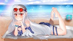 Rule 34 | 1girl, absurdres, ahoge, arknights, bare shoulders, barefoot, beach, blue shorts, blush, bracelet, breasts, cleavage, commentary, day, english commentary, eyewear on head, hair between eyes, hair ornament, highres, huge filesize, jewelry, knees apart feet together, long hair, looking at viewer, low-tied long hair, lying, medium breasts, mixed-language commentary, no headwear, off-shoulder shirt, off shoulder, official alternate costume, on stomach, outdoors, red eyes, ryokun, shirt, short shorts, short sleeves, shorts, silver hair, skadi (arknights), skadi (waverider) (arknights), solo, sunglasses, thigh strap, thighs, whale hair ornament, white shirt