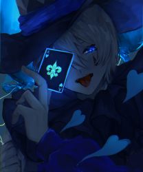 Rule 34 | 1girl, blue hat, blue theme, card, envy baby (vocaloid), glowing, glowing eye, hat, heart, highres, holding, holding card, limited palette, nijisanji, nijisanji kr, oh jiyu, one eye covered, open mouth, playing card, sayu (yyyyy vt), silver hair, solo, tongue, tongue out, top hat, virtual youtuber, vocaloid