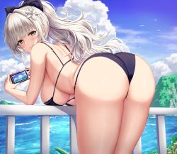 Rule 34 | 1girl, ass, azur lane, back, bare arms, bare shoulders, bent over, bikini, bird, black bikini, blunt bangs, bow, breasts, buran (22x), camera, cloud, day, flower, from behind, hair bow, hair flower, hair ornament, hanging breasts, highres, holding, holding camera, large breasts, long hair, looking at viewer, looking back, official alternate costume, outdoors, ponytail, seagull, silver hair, solo, summer, swimsuit, vittorio veneto (azur lane), vittorio veneto (the flower of la spezia) (azur lane)