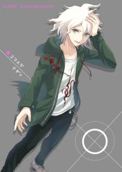 Rule 34 | 1boy, ahoge, arm up, bekkourico, black legwear, brown footwear, chain, collarbone, commentary request, danganronpa (series), danganronpa 2: goodbye despair, denim, foot out of frame, from side, green hood, green jacket, grey background, grey eyes, hand in own hair, hood, hoodie, jacket, jeans, komaeda nagito, looking at viewer, male focus, open clothes, open jacket, open mouth, pants, shirt, short hair, smile, solo, standing, white hair, white shirt