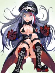 Rule 34 | 1girl, ariso kaoru, ass, azur lane, bikini, black bikini, blue eyes, boots, breasts, breasts apart, choker, coat, covered erect nipples, cross, cross-laced footwear, deutschland (azur lane), fangs, goggles, goggles on headwear, grey hair, hat, iron cross, lace-up boots, long hair, medium breasts, open mouth, peaked cap, platform boots, platform footwear, prosthesis, prosthetic hand, sharp teeth, shoelaces, solo, swimsuit, teeth, thighs, trench coat, very long hair, white background