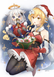 Rule 34 | 2girls, absurdres, alternate costume, aodake (winter1517), black legwear, blonde hair, breasts, cape, christmas, commentary, eating, english commentary, flower, food, food on face, fur collar, fur trim, genshin impact, gloves, hair flower, hair ornament, halo, hat, highres, holding, holding food, lumine (genshin impact), medium breasts, multiple girls, paimon (genshin impact), pantyhose, parted lips, pom pom (clothes), red gloves, santa costume, santa hat, short hair with long locks, sparkle, twitter username, white flower, white hair, yellow eyes