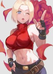 Rule 34 | 1girl, abs, bare shoulders, belt, black gloves, blonde hair, blue eyes, blue mary, bob cut, breasts, covered collarbone, crop top, denim, fatal fury, fingerless gloves, flower, gloves, grey background, hair intakes, hand on own hip, hand up, highres, index finger raised, large breasts, looking at viewer, midriff, multiple belts, muscular, muscular female, navel, one eye closed, open mouth, otsudou, parted hair, parted lips, petals, rose, shirt, short hair, simple background, solo, the king of fighters, toned, turtleneck