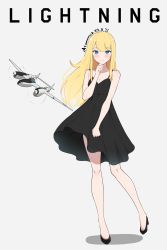 Rule 34 | 1girl, aircraft, airplane, artist name, atamonica, black dress, blonde hair, blue eyes, blush, breasts, cleavage, commentary, dress, english commentary, full body, high heels, highres, long hair, looking at viewer, military, original, p-38 lightning, personification, smile, solo, world war ii