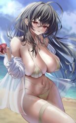 Rule 34 | 1girl, absurdres, azuma (sospower73), azur lane, beach, bikini, black hair, blue sky, blurry, blurry background, breasts, cup, drinking glass, floating hair, highres, large breasts, long hair, navel, ocean, off shoulder, parted lips, red eyes, shirt, sky, stomach, swimsuit, taihou (azur lane), taihou (seaside daydreams) (azur lane), very long hair, white shirt, wine glass