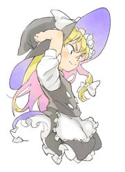 Rule 34 | 1girl, apron, arm up, bad id, bad pixiv id, bare arms, black eyes, black hat, black skirt, black vest, blonde hair, bow, breasts, buttons, closed mouth, constricted pupils, eyebrows, frilled apron, frilled skirt, frills, hair between eyes, hair bow, hand on headwear, hat, hat bow, kirisame marisa, long hair, oishii ishiwata, shirt, skirt, skirt set, small breasts, smile, solo, thick eyebrows, touhou, tsurime, upper body, v-shaped eyebrows, vest, waist apron, white apron, white bow, white shirt, witch hat