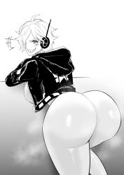 Rule 34 | 1girl, absurdres, ass, ass focus, black jacket, breasts, grin, hair over one eye, highres, hood, hood down, hooded jacket, hoodie, huge ass, iwao178, jacket, large breasts, looking at viewer, naughty face, one piece, seductive smile, short hair, sideboob, smile, solo, vegapunk lilith, wide hips