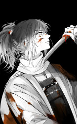 Rule 34 | 10s, 1boy, blood, blood on face, blood on clothes, bridal gauntlets, highres, japanese clothes, male focus, monochrome, parted lips, personification, ponytail, scarf, solo, spot color, touken ranbu, upper body, yamato-no-kami yasusada, zmore